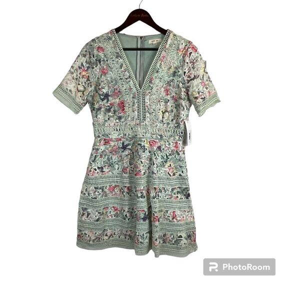 New Just Me Women Dress Sz M Green Pink Floral Lace Embroidered Lined Easter U3 - Picture 1 of 12